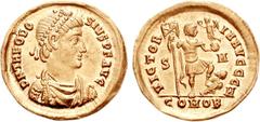 Theodosius I. AD 379-395. AV Solidus (4.41 g, 1h). Uncertain military mint, 7th officina. Struck circa AD 393-395. D N THEODO-SIVS P F AVG, pearl-diademed, draped, and cuirassed bust right / VICTOR-IA