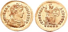 Theodosius I. AD 379-395. AV Solidus (4.46 g, 7h). Constantinople mint, 4th officina. Struck circa AD 388. D N THEODO-SIVS P F AVG, pearl-diademed, draped, and cuirassed bust right / CONCORDI-A AVGGG,