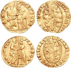 CRUSADERS, Venetians in the Levant. Two AV Ducats. Imitating Venice. Uncertain mint. Struck in the name of Francesco Doná, 1545-1553. Both coins: St. Mark standing right, holding Gospels and presentin