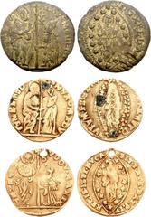 CRUSADERS, Venetians in the Levant. Three AV Ducats. Imitating Venice. Uncertain mint. All coins: St. Mark standing right, holding Gospels and presenting flag to Doge kneeling left; exergual line belo