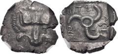 Greek DYNASTS of LYCIA. Aruwatijesi. Circa 400-370 BC. AR Sixth Stater. Zagaba mint. Lion scalp facing / Triskeles; Z (mint mark) in one section; all within incuse square. Müseler VII 61–2. In NGC enc