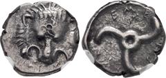 Greek DYNASTS of LYCIA. Trbbenimi. Circa 390-375 BC. AR Sixth Stater. Uncertain mint. Facing lion scalp, triskeles on forehead / Triskeles. Müseler VIII, 21–2 var. (mint, no triskeles on obv.). In NGC