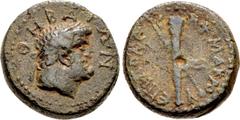Roman Provincial BOEOTIA, Thebes. Pseudo-autonomous issue. temp. Galba, AD 68-69. Æ (18mm, 7.27 g, 1h). Polem- Makros, magistrate. Laureate head of Hercules right / Crossed club and thyrsus. BCD Boiot