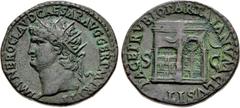 Roman Imperial Nero. AD 54-68. Æ Dupondius (28.5mm, 12.43 g, 6h). Rome mint. Struck circa AD 66. Radiate head left / Temple of Janus with latticed windows to left and garland hung across closed double