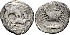 Greek SICILY, Akragas. Circa 420-410 BC. AR Hemidrachm (14mm, 1.76 g, 4h). Eagle standing left on, and tearing at, hare / Crab; below, fish right. Westermark, Coinage, Period III, 548 (O7/R9); HGC 2, 