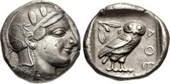Greek ATTICA, Athens. Circa 454-404 BC. AR Tetradrachm (23mm, 17.14 g, 10h). Helmeted head of Athena right, with frontal eye / Owl standing right, head facing, closed tail feathers; olive sprig and cr