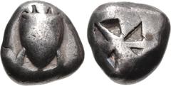 Greek ISLANDS off ATTICA, Aegina. Circa 525-480 BC. AR Stater (17mm, 11.51 g). Sea turtle, head in profile, with thick collar and [row of dots down its back] / Incuse square of 'Union Jack' pattern wi