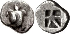 Greek ISLANDS off ATTICA, Aegina. Circa 480-457 BC. AR Obol (9mm, 0.87 g, 5h). Sea turtle, head in profile, with trefoil collar and ['T-back' design on shell] / Large square incuse with skew pattern. 