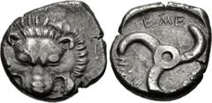 Greek DYNASTS of LYCIA. Trbbenimi. Circa 390-375 BC. AR Third Stater (14.5mm, 3.28 g). Wedrei mint. Facing lion scalp / Triskeles. Müseler VIII, 25–7; Falghera 197–202; SNG von Aulock 4215. Toned, a l