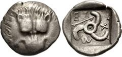 Greek DYNASTS of LYCIA. Mithrapata. Circa 390-370 BC. AR Sixth Stater (13mm, 1.53 g). Uncertain mint. Facing lion scalp / Triskeles; arrow in one section; all within incuse square. Müseler VII 86–8; T
