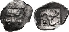 Greek DYNASTS of LYCIA. Mithrapata. Circa 390-370 BC. AR Sixth Stater. Uncertain mint. Lion scalp facing / Triskeles; astragalos in one section; all within incuse square. Müseler VII, 83; Traité II 45