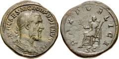 Roman Imperial Pupienus. AD 238. Æ Sestertius (32mm, 26.83 g, 11h). Rome mint. 1st emission. Laureate, draped, and cuirassed bust right / Pax seated left, holding olive branch and scepter. RIC IV 22a;
