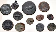 Large Lots GREEK. Magna Graecia & Sicily. Lot of twelve (12) bronze issues. Includes: various types, cities, and denominations. Fair to Fine, two with small spots of active corrosion. LOT SOLD AS IS, 