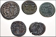 Large Lots ROMAN. Imperial. Lot of five (5) bronze issues from Licinius I to Constantine II. Includes: Licinius I. Æ Follis // City Commemoratives. Æ // Constantine II. Æ (3). Good VF to EF. LOT SOLD 