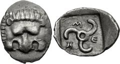 Greek DYNASTS of LYCIA. Mithrapata. Circa 390-370 BC. AR Twenty-fourth Stater (11mm, 1.19 g). Uncertain mint. Facing lion scalp / Triskeles within incuse square. Cf. Müseler VII 91–2 (sixth staters); 
