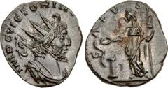 Roman Imperial Victorinus. Romano-Gallic Emperor, AD 269-271. Antoninianus (17mm, 2.43 g, 6h). Treveri (Trier) mint. 5th emission, AD 271. Radiate, draped, and cuirassed bust right / Salus standing le