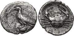Greek SICILY, Akragas. Circa 450-440 BC. AR Litra (11mm, 0.57 g, 10h). Eagle standing left on Ionic capital / Crab; ΛI (mark of value) below. Westermark, Coinage, Period II, Series B.1; HGC 2, 121. Li