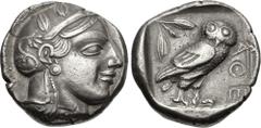Greek ATTICA, Athens. Circa 454-404 BC. AR Tetradrachm (24mm, 16.76 g, 1h). Helmeted head of Athena right, with frontal eye / Owl standing right, head facing; olive sprig and crescent behind; all with