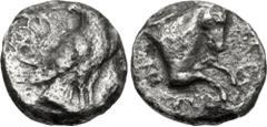 Greek AEOLIS, Kyme. Circa 350-300 BC. AR Didrachm (15mm, 5.09 g, 11h). Eagle standing right, head left / Forepart of horse running right; [magistrate's name around]. Ashton, Classical, Series Ia; cf. 