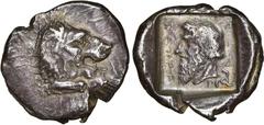 Greek DYNASTS of LYCIA. Mithrapata. Circa 390-370 BC. AR Stater (26mm, 9.78 g, 2h). Forepart of lion right / Head of Mithrapata left; MITHRA-P-ATA in Lycian around, triskeles to lower right; all withi
