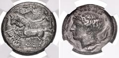 Greek SICILY, Syracuse. Second Democracy. 466-405 BC. AR Tetradrachm (26.5mm, 17.38 g, 2h). Reverse die signed by Eumenes. Struck circa 415-409 BC. Charioteer, holding kentron in right hand and reins 