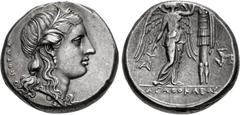Greek SICILY, Syracuse. Agathokles. 317-289 BC. AR Tetradrachm (24.5mm, 17.10 g, 12h). Struck circa 310-306/5 BC. Wreathed head of Kore right / Nike standing right, erecting trophy to right; monogram 