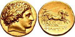 Greek KINGS of MACEDON. temp. Philip II – Alexander III. Circa 340/36-328 BC. AV Stater (18mm, 8.60 g, 6h). In the name and types of Philip II. Pella mint. Laureate head of Apollo right / Charioteer, 