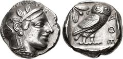 Greek ATTICA, Athens. Circa 454-404 BC. AR Tetradrachm (24mm, 17.09 g, 4h). Helmeted head of Athena right, with frontal eye / Owl standing right, head facing, closed tail feathers; olive sprig and cre