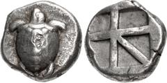 Greek ISLANDS off ATTICA, Aegina. Circa 480-457 BC. AR Stater (20mm, 12.39 g, 1h). Sea turtle, head in profile, with 'T-back' design on shell / Large square incuse with skew pattern. Meadows, Aegina, 