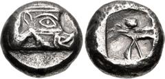 Greek LYCIA, Phaselis. Circa 530-500 BC. AR Stater (19mm, 10.86 g). Prow of galley right, terminating in a boar's forepart / Incuse square bisected with two parallel lines; one half further divided by