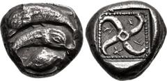 Greek DYNASTS of LYCIA. Thibãnuwa. Circa 480-460 BC. AR Stater (18.5mm, 9.79 g). Aperlai (Apollonia) or Phellos mint. Two dolphins leaping, left and right, respectively; human eye below / Tetraskeles,