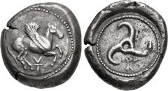 Greek DYNASTS of LYCIA. Khinakha. Circa 440/30-400 BC. AR Stater (18.5mm, 9.84 g). Pegasos flying right; ì below; all on raised disc / Large triskeles; conjoined ᛉ and diskeles in one section; all in 