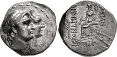 Greek SELEUKID EMPIRE. Demetrios I Soter. 162-150 BC. AR Tetradrachm (26mm, 16.31 g, 1h). Seleukeia on the Tigris mint. Conjoined diademed busts right of Demetrios and Laodice / ΒΑΣΙΛΕΩΣ ∆HMHTPIOY ΣΩΤ