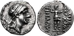 Greek SELEUKID EMPIRE. Timarchos. Usurper, 164-161 BC. AR Drachm (17mm, 4.14 g, 11h). Ekbatana mint(?). Diademed head right; fillet border / [B]AΣIΛEΩ[Σ] MEΓAΛOY TIMAPXOY, Artemis standing facing, hea