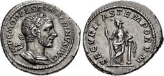 Roman Imperial Macrinus. AD 217-218. AR Denarius (19mm, 3.44 g, 6h). Rome mint, 5th officina. 2nd emission, AD 217-218. Laureate and cuirassed bust right, wearing short beard / Securitas standing left