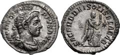 Roman Imperial Elagabalus. AD 218-222. AR Denarius (19.5mm, 2.45 g, 12h). Rome mint. Struck AD 221-222. Laureate and draped bust right, wearing horn and beard / Elagabalus standing right, holding club