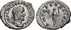 Roman Imperial Pupienus. AD 238. AR Denarius (21mm, 2.95 g, 6h). Rome mint. 1st emission. Laureate, draped, and cuirassed bust right / Felicitas standing left, holding caduceus and scepter. RIC IV 6; 