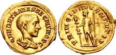 Roman Imperial Herennius Etruscus. As Caesar, AD 249-251. AV Aureus (19.5mm, 3.97 g, 6h). Rome mint, 5th officina. 5th emission of Trajan Decius, early AD 251. Q HER ETR MES DECIVS NOB C, bareheaded a