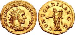 Roman Imperial Trebonianus Gallus. AD 251-253. AV Binio (21mm, 5.88 g, 12h). Rome mint, 4th officina. 4th emission, early AD 253. IMP CAE C VIB TREB GALLVS AVG, radiate, draped, and cuirassed bust rig
