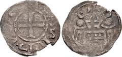 Early Medieval & Islamic CRUSADERS, Latin Kingdom of Jerusalem. Jerusalem Pilgrim Coinage. 12th century. BI Denier (19mm, 0.70 g, 8h). Λ(retrograde S)IVI(retrograde C) • ИΛC[...]Λ[...] (sic), cross pa