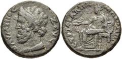 LYDIA, Maeonia. Pseudo-autonomous issue. Time of Antoninus Pius or Marcus Aurelius, circa AD 138-180. Æ 23mm (9.40 g, 7h). Head of Zeus Olympios left, wearing taenia / Cybele seated left, holding pate