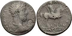 LYDIA, Thyateira. Commodus. AD 177-192. Æ 32mm (18.13 g, 7h). T. Aurelius Barbarus, strategus. Laureate, draped, and cuirassed bust right; c/m: bust right within oval incuse / Apollo-Tyrimnaios on hor