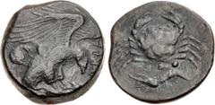 Greek SICILY, Akragas. Circa 415-406 BC. Æ Tetras (20mm, 9.51 g, 3h). Eagle standing right on fish, wings spread; to left, crab right / Crab; below, three pellets (mark of value) and shrimp left. West