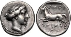 Greek THESSALY, Larissa. Circa 404 BC. AR Drachm (18.5mm, 5.94 g, 12h). Head of the nymph Larissa right, with hair in sphendone / Horse rearing left within incuse square. Lorber, Profile 3e (A1'/P3 – 