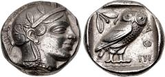 Greek ATTICA, Athens. Circa 454-404 BC. AR Tetradrachm (24.5mm, 17.13 g, 6h). Helmeted head of Athena right, with frontal eye / Owl standing right, head facing; olive sprig and crescent behind; all wi