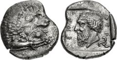 Greek DYNASTS of LYCIA. Mithrapata. Circa 390-370 BC. AR Stater (22mm, 9.81 g, 1h). Forepart of lion right / Head of Mithrapata left; MI-THRA-PATA in Lycian around, triskeles to lower right; all withi