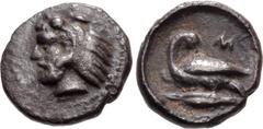 Greek CILICIA, Mallos. Circa 385-375 BC. AR Hemiobol (7.5mm, 0.37 g, 3h). Bearded head of Herakles left, wearing lion skin / Swan standing left, head right, on barley grain left; M above. Cf. Goktürk 