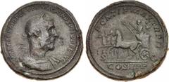 Roman Imperial Macrinus. AD 217-218. Æ Sestertius (34mm, 21.01 g, 12h). Rome mint. 2nd emission, AD 217-218. Laureate and cuirassed bust right / Macrinus in quadriga left, holding scepter and branch, 