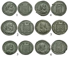 ROMAN. Imperial. Æ Folles of Constantine I, Crispus, Constantine II, and Constantius II. Includes: Londinium (London) mint. Struck AD 324-325. Constantine I. 1. Laureate head right / Camp gate with tw