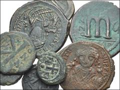 BYZANTINE. Æ of Tiberius II Constantine and Maurice Tiberius. Includes: TIBERIUS II CONSTANTINE. Æ Follis. SB 448 (3 examples, including RY 6, RY 7, and RY 8) // Æ Half Follis. SB 450 // MAURICE TIBER